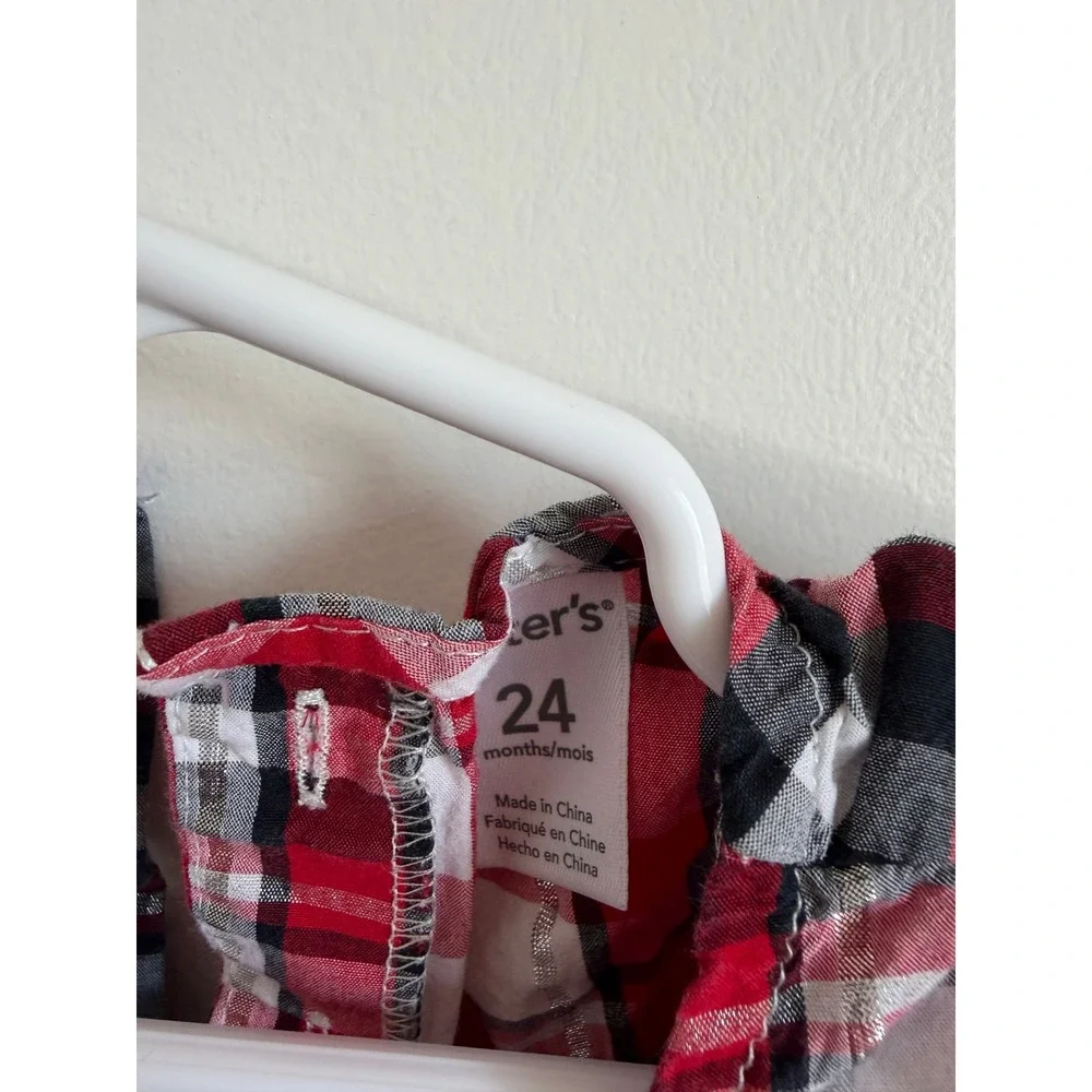 Carter's Baby Girls Red Black Plaid Holiday Top Silver Metallic Stripe 24 Months